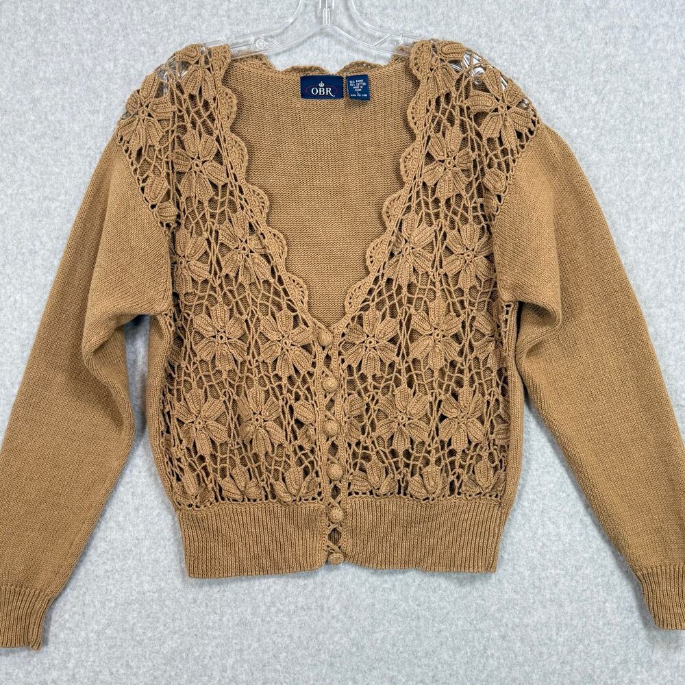 Vtg OBR Cardigan Sweater Size L Crochet Grannycore Cottagecore Academia 80s